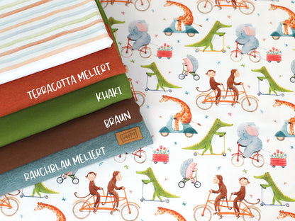 stoff-jersey-baumwolle-baumwolljersey-kathi-kunterbunt-tiere-krokodil-elefant-affe-giraffe-igel-fahrrad-roller-schmetterling-bunt-kombistoffe