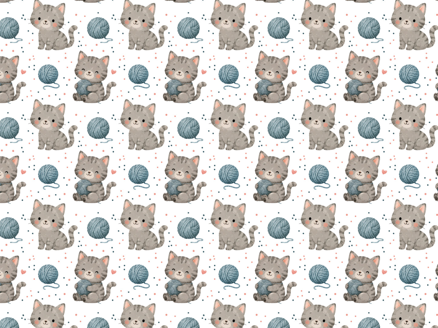 cat print jersey fabric featuring cute cats with yarn balls, ideal for summer clothing and crafts.