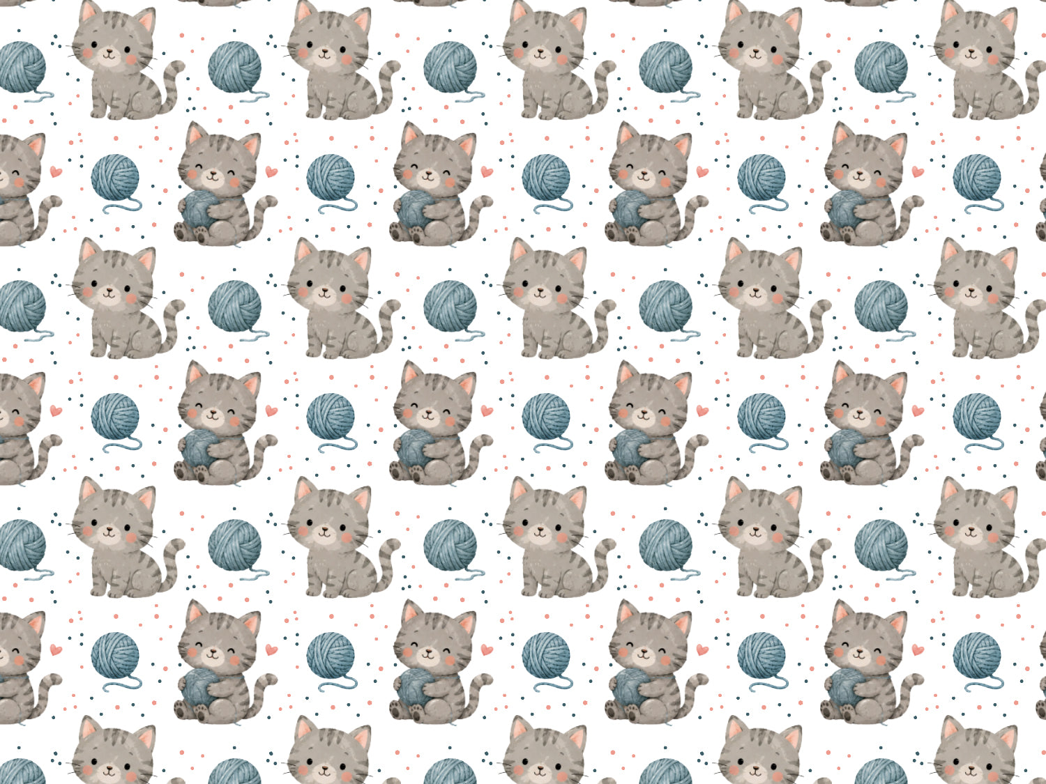 cat print jersey fabric featuring cute cats with yarn balls, ideal for summer clothing and crafts.