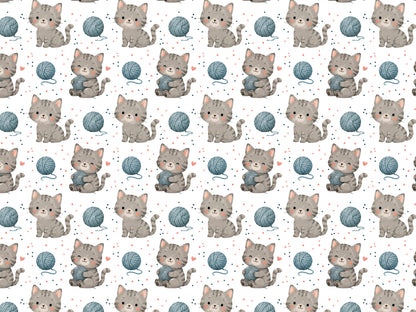 cat print jersey fabric featuring cute cats with yarn balls, ideal for summer clothing and crafts.