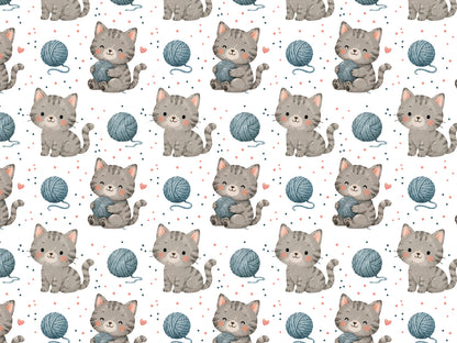 cat print jersey fabric featuring cute kittens and yarn balls in a playful pattern.