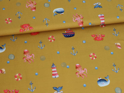 stoff-jersey-baumwolle-baumwolljersey-maritim-nautical-krabbe-anker-wal-leuchtturm-ocker-2
