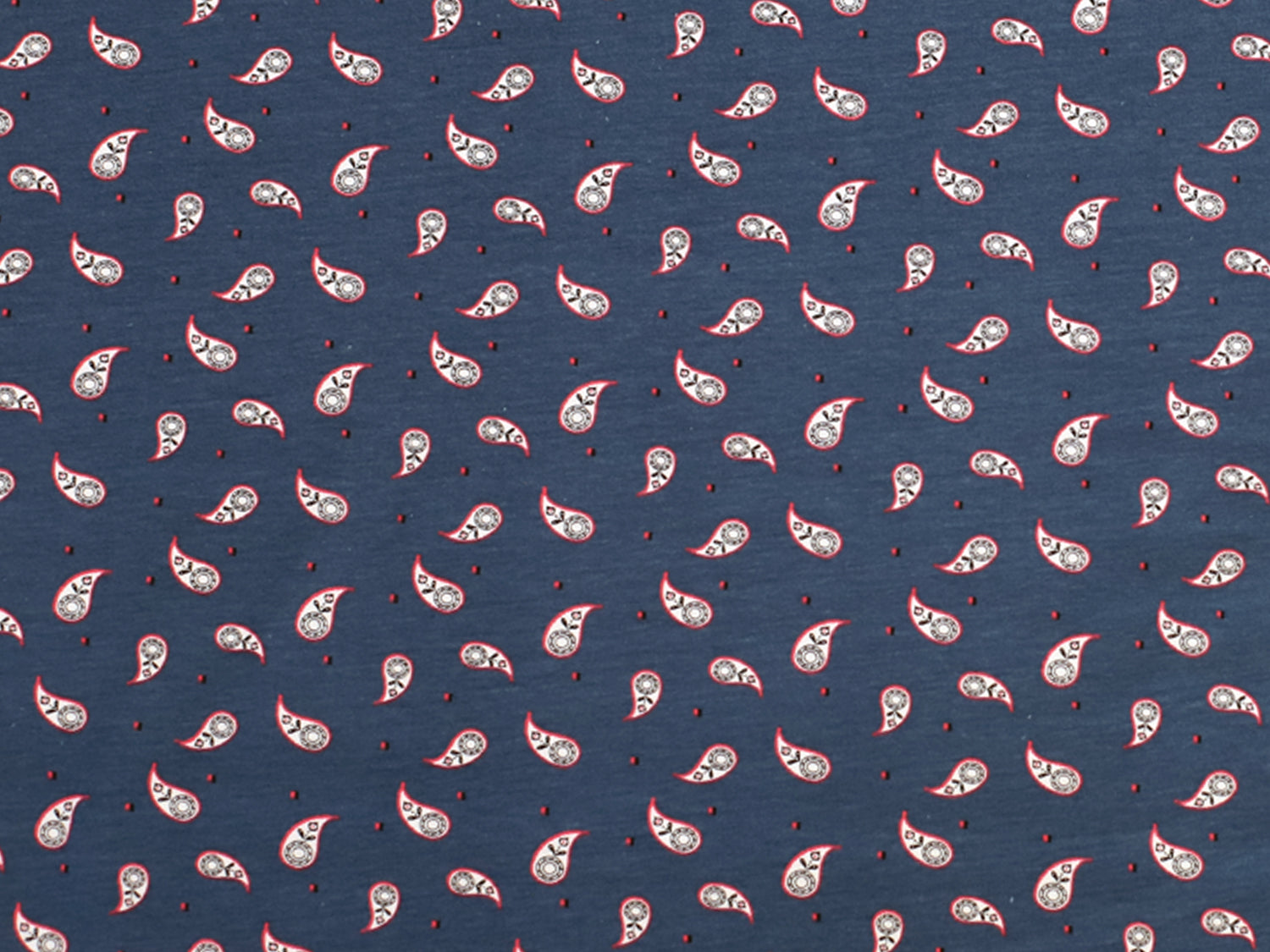 Mini Paisley Jersey Fabric in jeansblau with small paisley patterns on cotton texture.