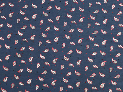 Mini Paisley Jersey Fabric in jeansblau with small paisley patterns on cotton texture.