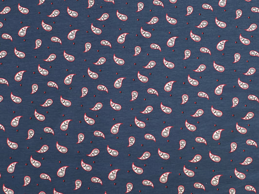 Mini Paisley Jersey Fabric in jeansblau with small paisley patterns on cotton texture.