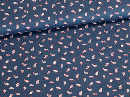 Mini Paisley jersey fabric in jeansblau with a small paisley design, perfect for various sewing projects.