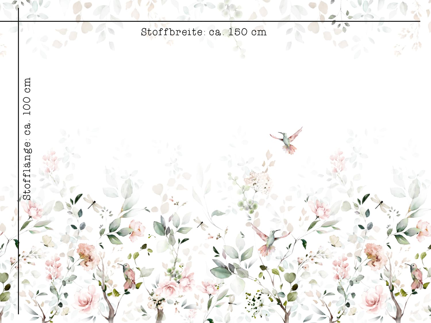 stoff-jersey-baumwolle-baumwolljersey-panel-aquarell-kolibri-blumen-blaetter-sommer-fruehling-masse