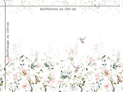 stoff-jersey-baumwolle-baumwolljersey-panel-aquarell-kolibri-blumen-blaetter-sommer-fruehling-masse