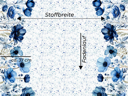 stoff-jersey-baumwolle-baumwolljersey-panel-borduere-blumen-gross-xxl-sprenkel-blau-fadenlauf