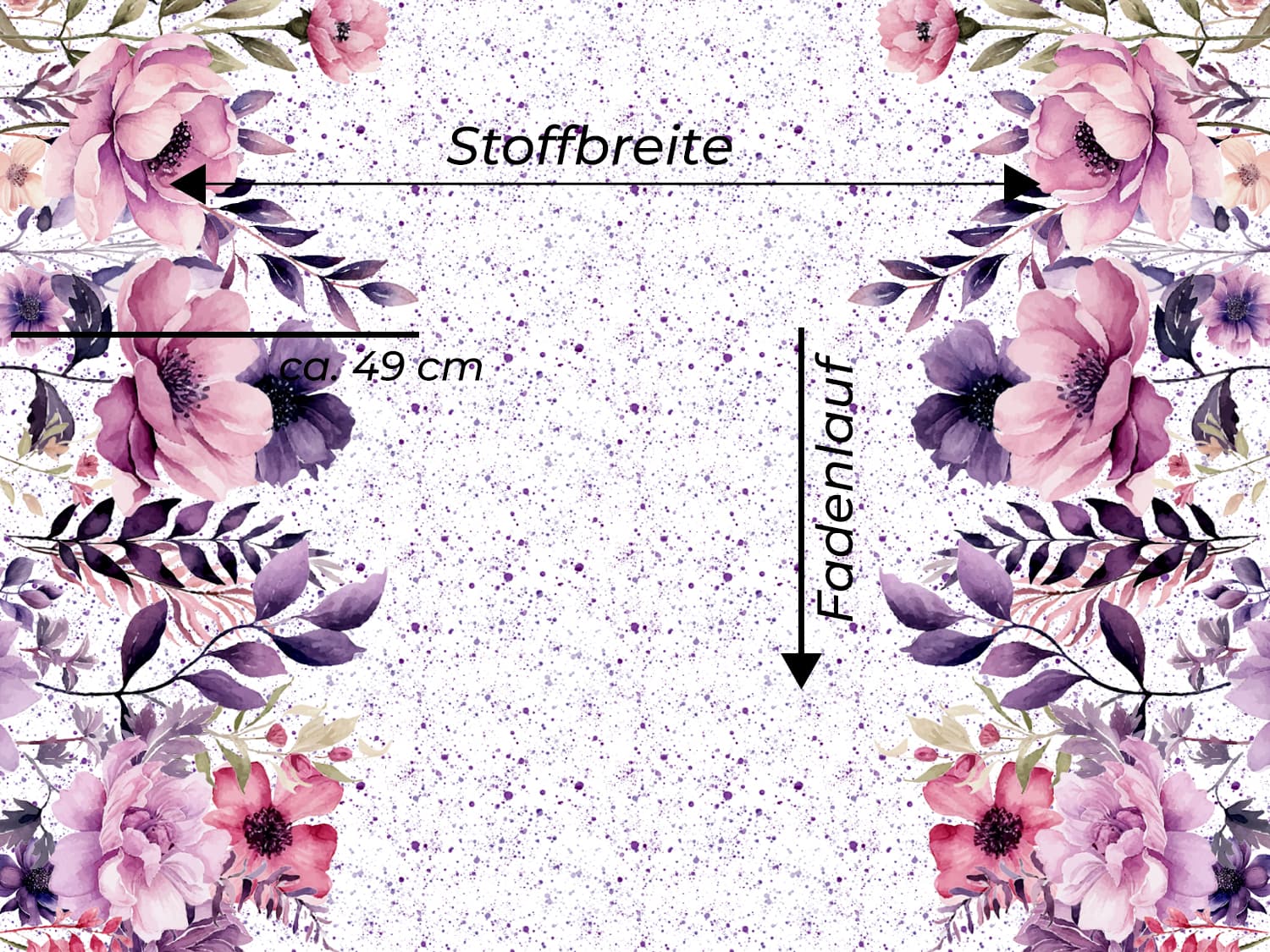 stoff-jersey-baumwolle-baumwolljersey-panel-borduere-blumen-gross-xxl-sprenkel-lila-beere-fadenlauf