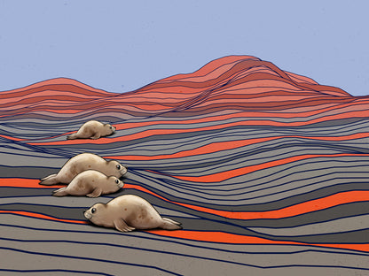 Four cartoon seals lounging on colorful, wavy landscape with red and gray stripes.