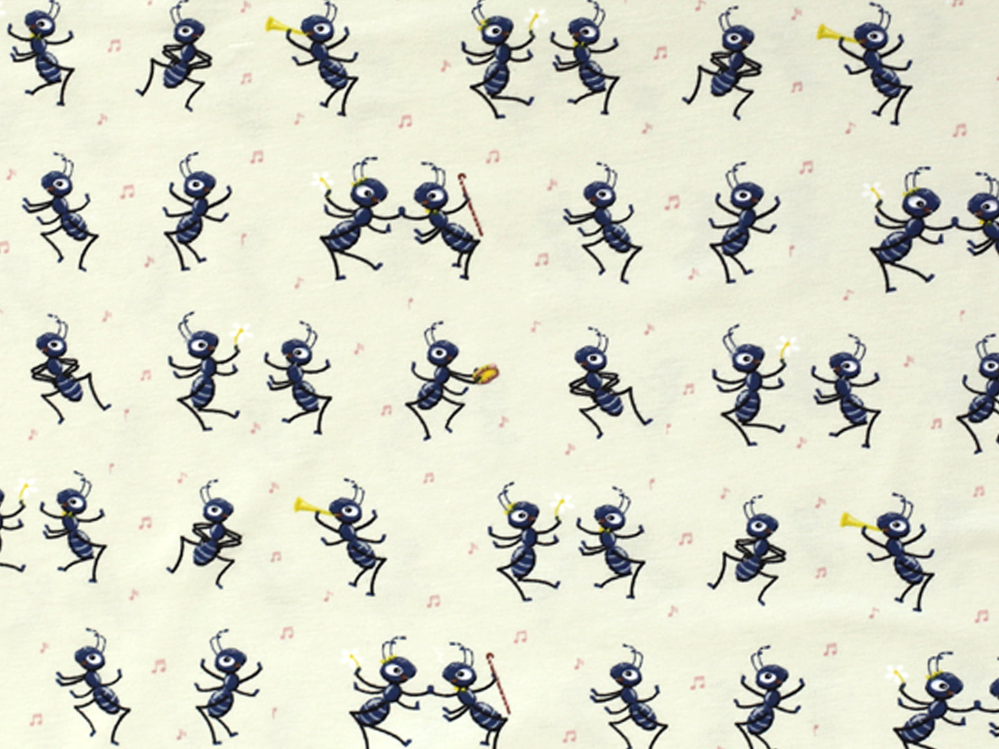 party ants cotton jersey fabric featuring playful black ants dancing on a cream background.