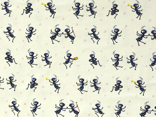 party ants cotton jersey fabric featuring playful black ants dancing on a cream background.