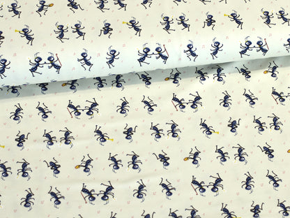 party ants cotton jersey fabric featuring playful ants on a cream background, perfect for fun sewing projects.