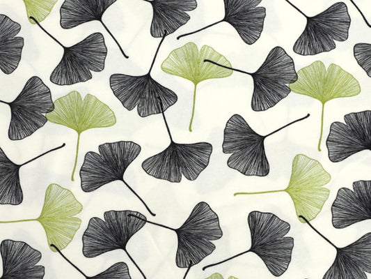 Jersey Stoff - Ginkgo, schöner ginkgo cotton jersey fabric mit Ginkgo Blättern auf cremeweißen Grund.
