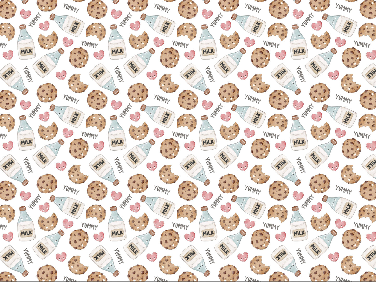 Jersey Stoff Cookies Milk fabric featuring a fun design of cookies and milk with playful patterns.