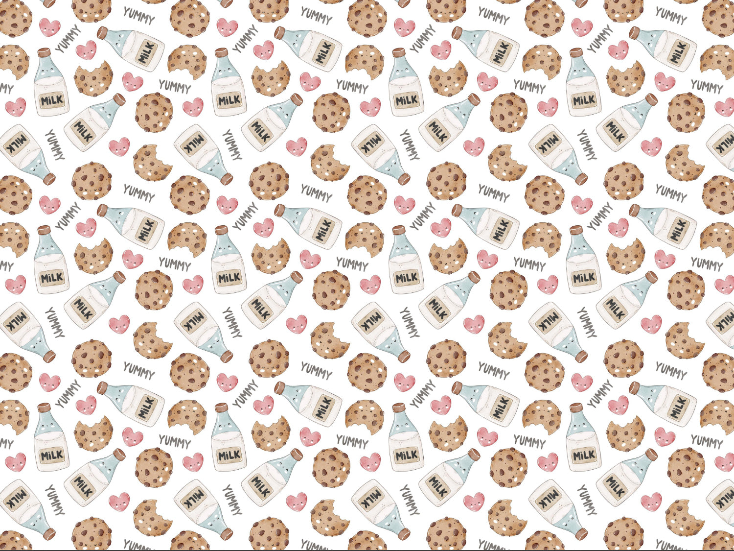 Jersey Stoff Cookies Milk fabric featuring a fun design of cookies and milk with playful patterns.