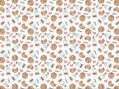 Jersey Stoff Cookies Milk fabric featuring a fun design of cookies and milk with playful patterns.