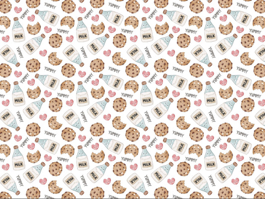 Jersey Stoff Cookies Milk fabric featuring a fun design of cookies and milk with playful patterns.