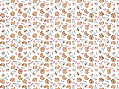 Jersey Stoff Cookies Milk fabric pattern with cookies and milk cartons, perfect for summer fabrics.