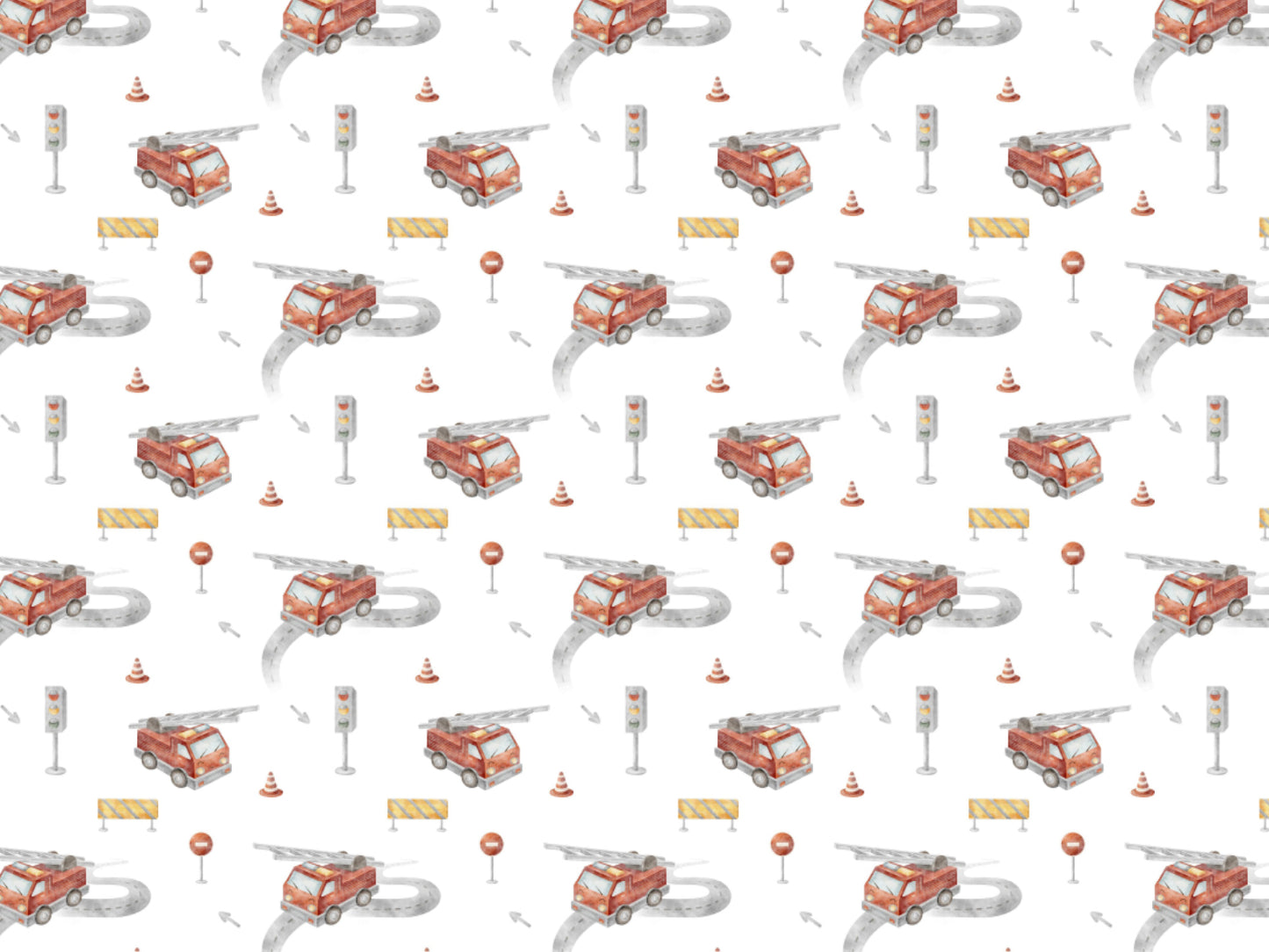 Jersey Stoff - Feuerwehr mit rot-weißen Feuerwehrfahrzeugen und Straßenschildern auf hellem Hintergrund.