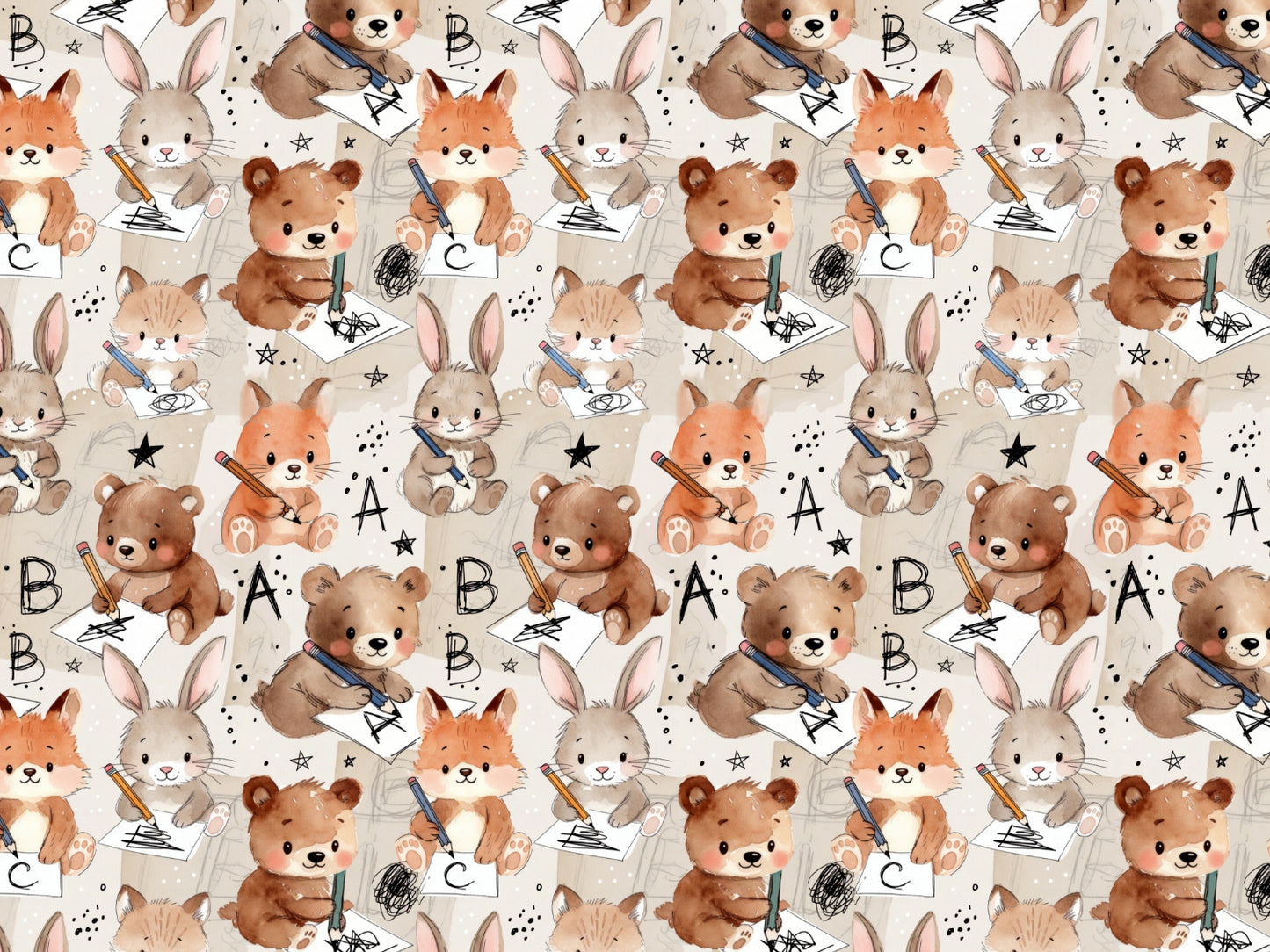 cotton jersey fabric with cute animals. Adorable pattern featuring bears, bunnies, and foxes with letters.