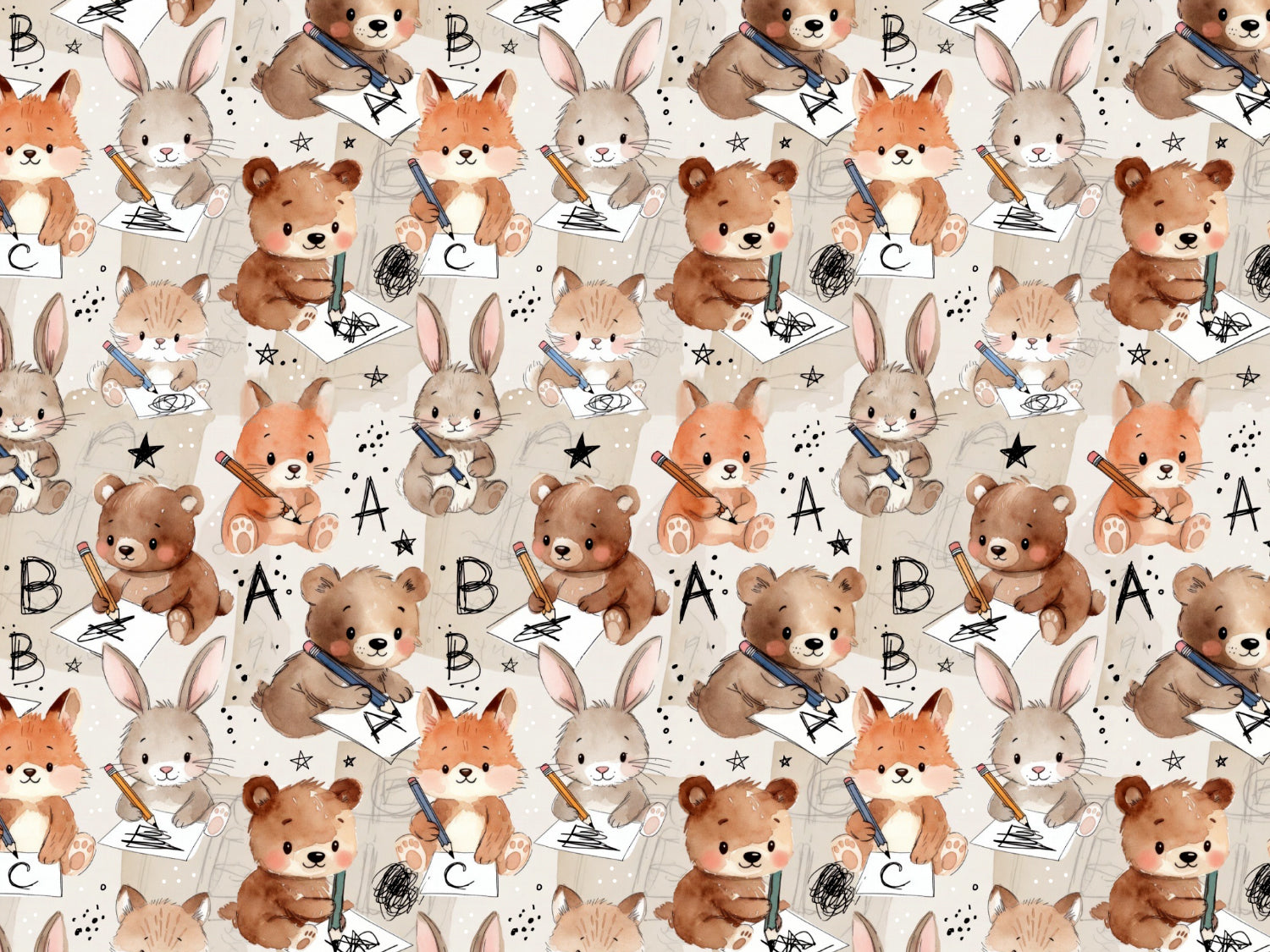 cotton jersey fabric with cute animals. Adorable pattern featuring bears, bunnies, and foxes with letters.