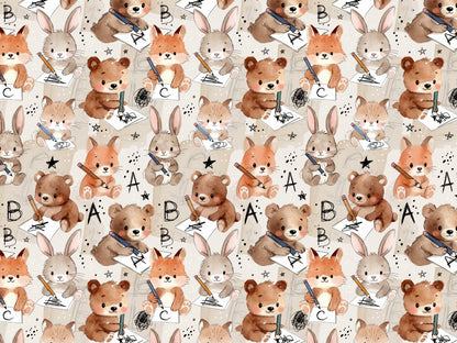 cotton jersey fabric with cute animals. Adorable pattern featuring bears, bunnies, and foxes with letters.
