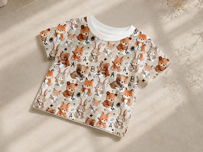 Jersey Stoff - ABC Tiere T-Shirt, aus Baumwolljersey mit niedlichen Tieren, ideal für Kinder, 95% Baumwolle und 5% Elasthan.