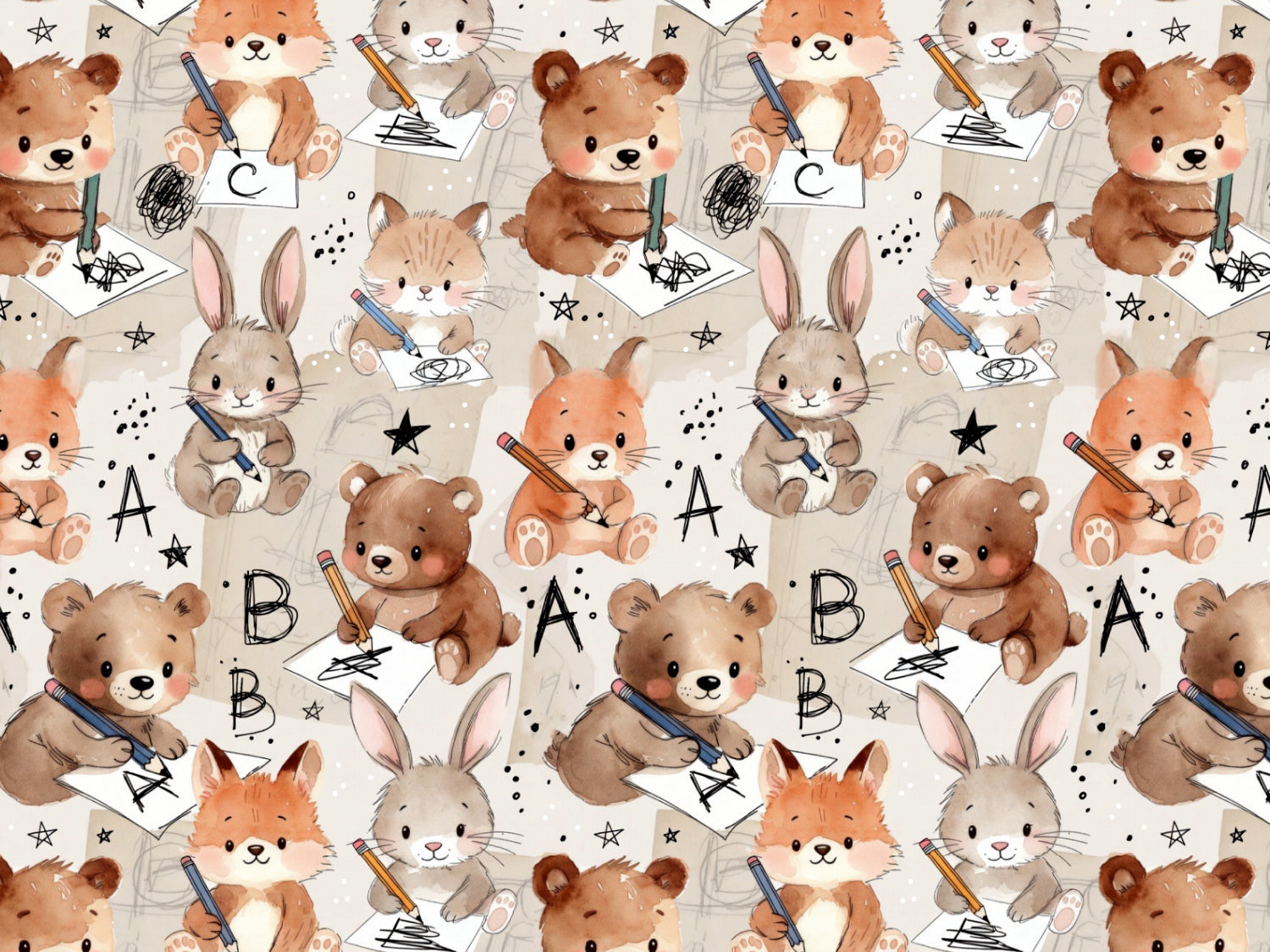 cotton jersey fabric with cute animals featuring playful bears and bunnies drawing and learning.