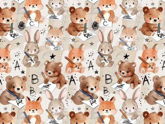 cotton jersey fabric with cute animals featuring playful bears and bunnies drawing and learning.