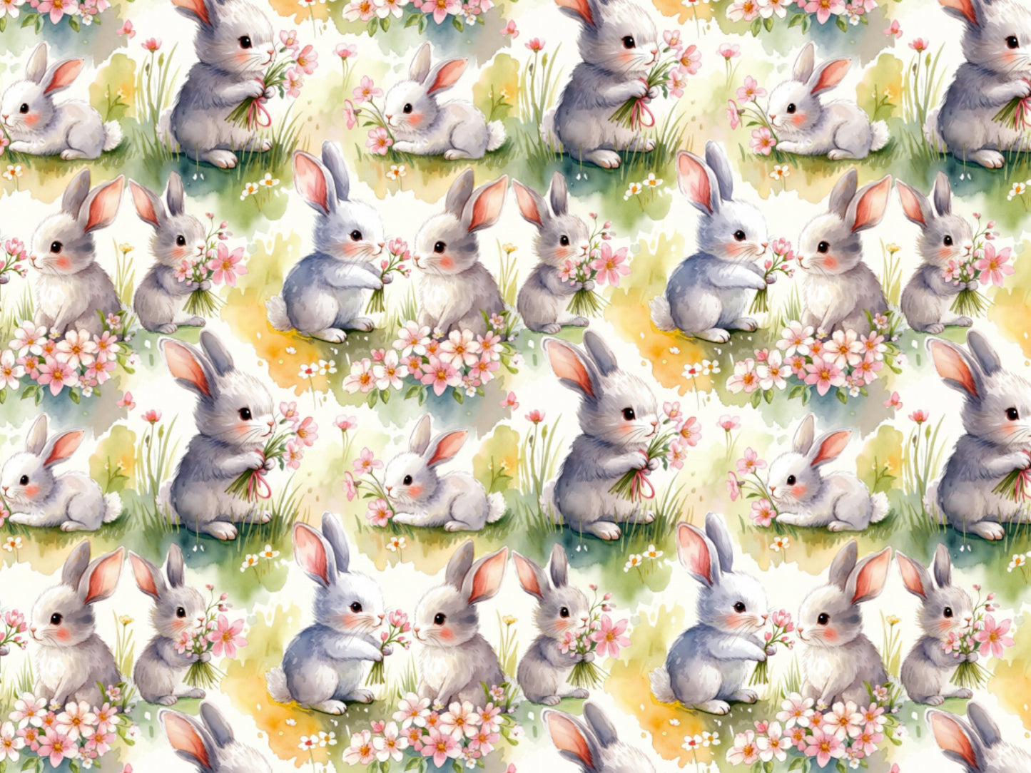 Jersey Stoff - Hasenfamilie, Baumwolljersey mit Hasenmotiv, niedliche Hasen im Blumenfeld.