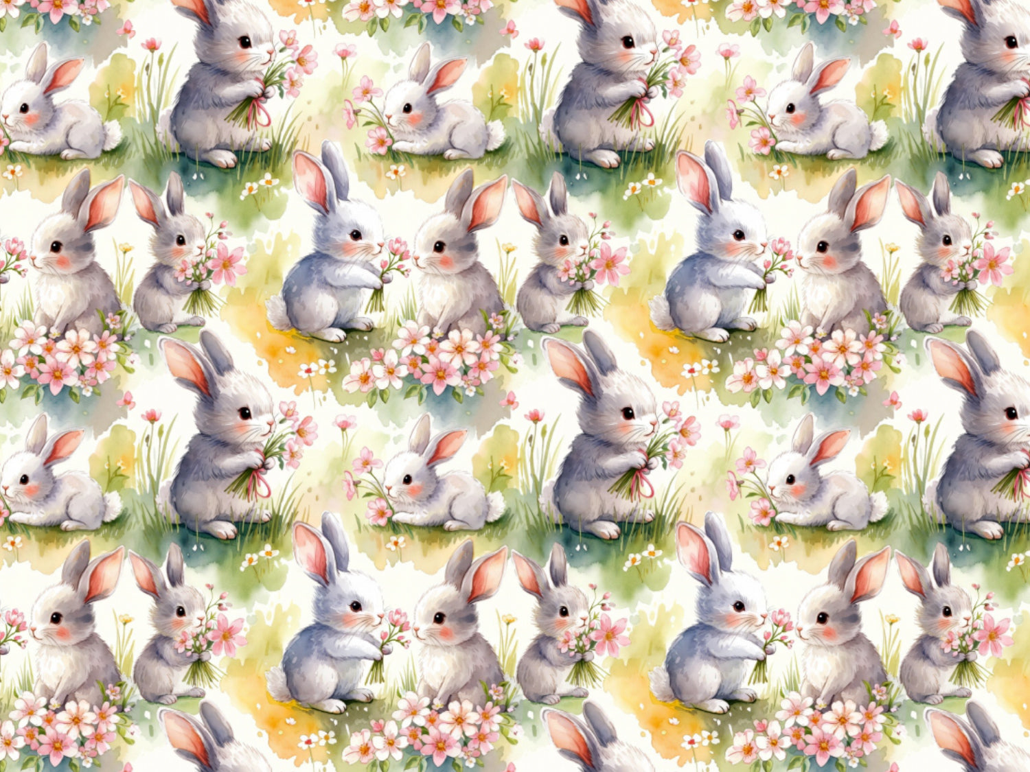 Jersey Stoff - Hasenfamilie, Baumwolljersey mit Hasenmotiv, niedliche Hasen im Blumenfeld.