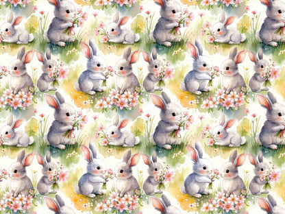 Jersey Stoff - Hasenfamilie, Baumwolljersey mit Hasenmotiv, niedliche Hasen im Blumenfeld.