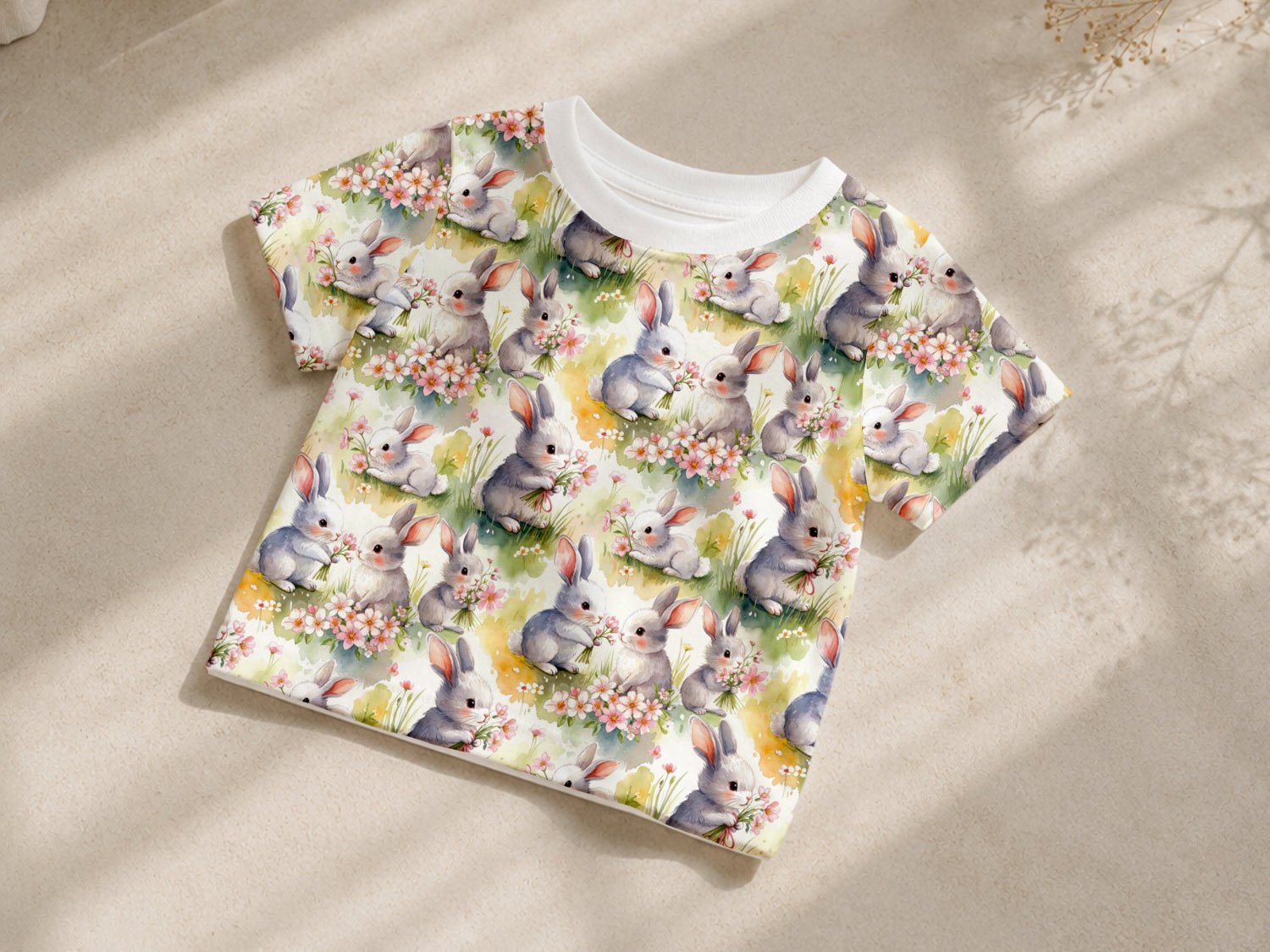 Jersey Stoff - Hasenfamilie, Baumwolljersey mit Hasenmotiv, niedliches Hasenmotiv auf T-Shirt.