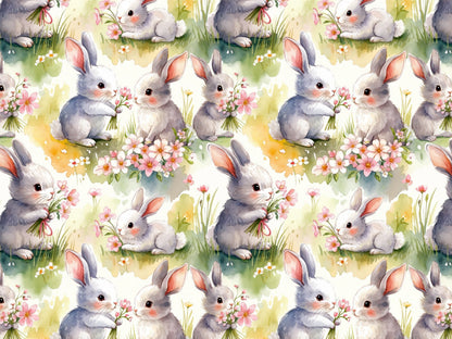 Baumwolljersey mit Hasenmotiv, niedliche Hasen auf buntem Hintergrund mit Blumen.