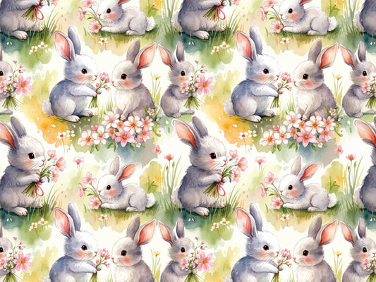 Baumwolljersey mit Hasenmotiv, niedliche Hasen auf buntem Hintergrund mit Blumen.