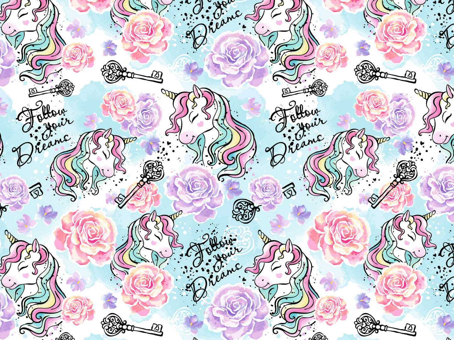 Jersey Stoff - Follow your Dreams - Einhorn, helltürkis mit bunten Einhörnern und Blumen im Muster.