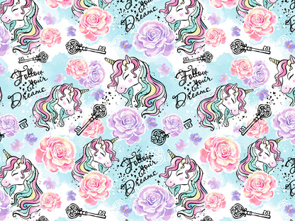 Jersey Stoff - Follow your Dreams - Einhorn, helltürkis mit bunten Einhörnern und Blumen im Muster.