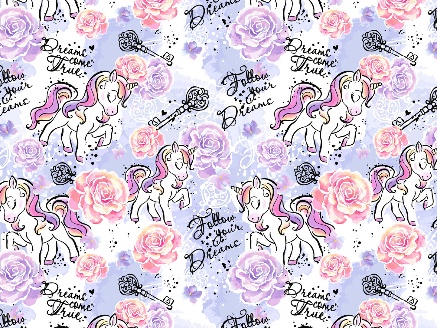 Jersey Stoff - Follow your Dreams - Einhorn, lila mit Einhörnern und Blumen im bunten Muster