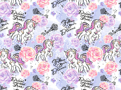 Jersey Stoff - Follow your Dreams - Einhorn, lila mit Einhörnern und Blumen im bunten Muster
