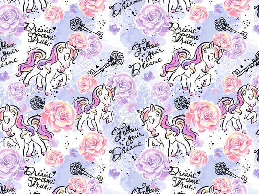Jersey Stoff - Follow your Dreams - Einhorn, lila mit Einhörnern und Blumen im bunten Muster
