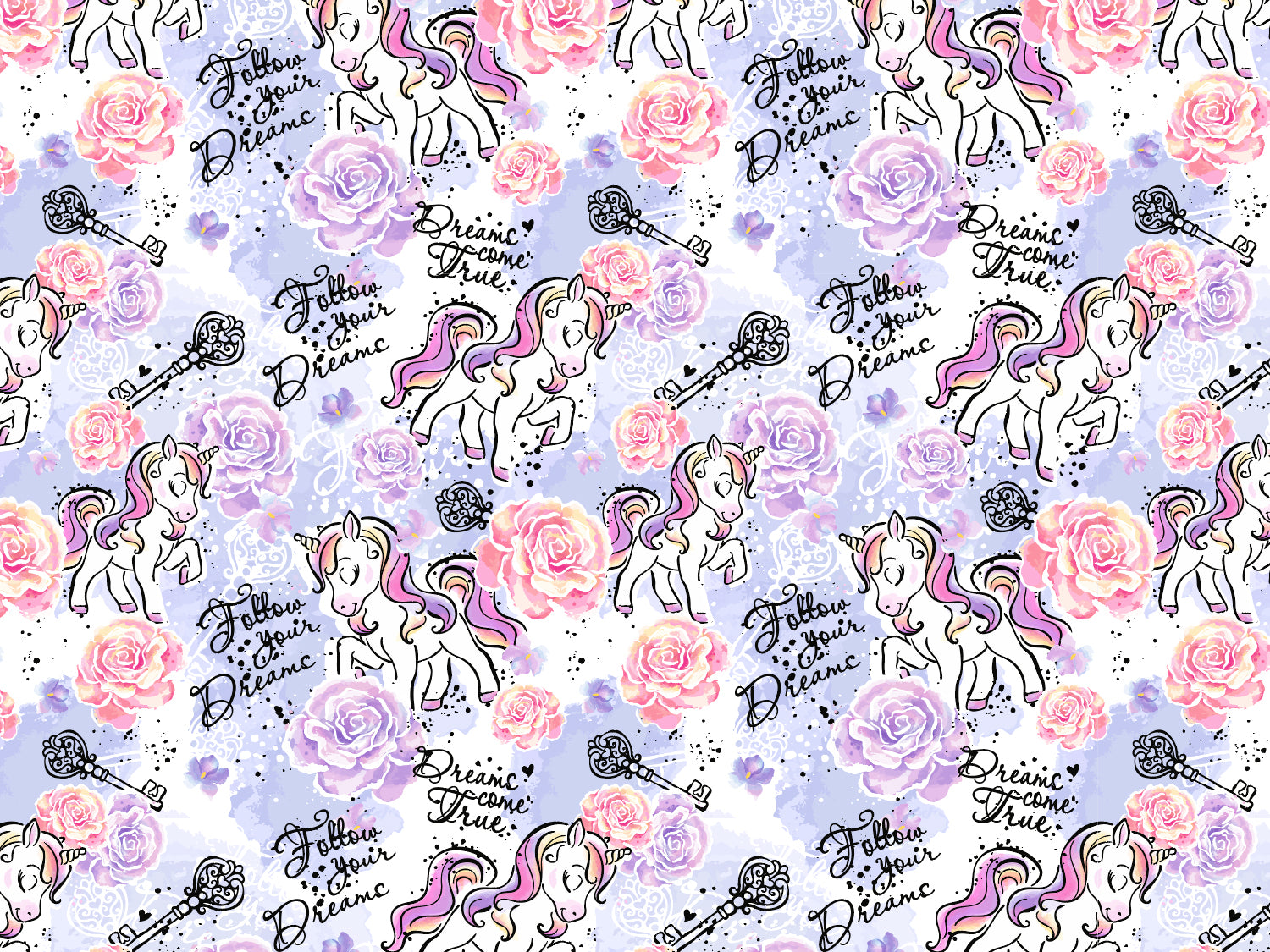 jersey stoff einhorn lila - bunter Baumwolljersey mit Einhörnern, Blumen und Schriftzug 'Follow your Dreams'