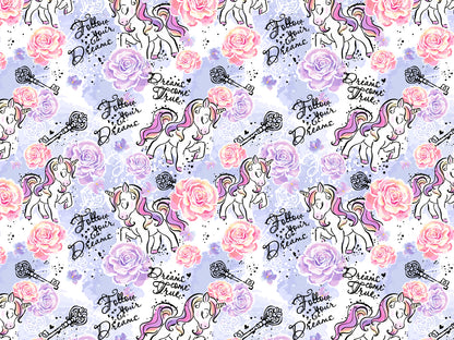 jersey stoff einhorn lila - bunter Baumwolljersey mit Einhörnern, Blumen und Schriftzug 'Follow your Dreams'