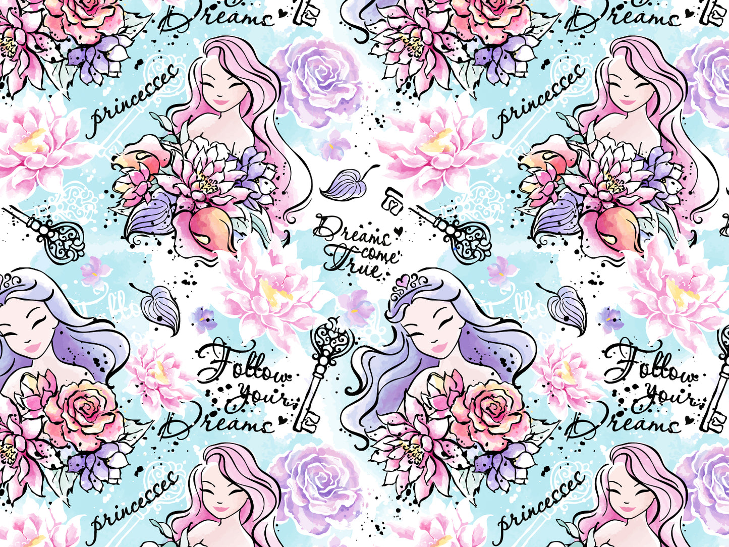 Jersey Stoff - Follow your Dreams - Prinzessin, helltürkis mit Blumen und Prinzessinnen-Motiven