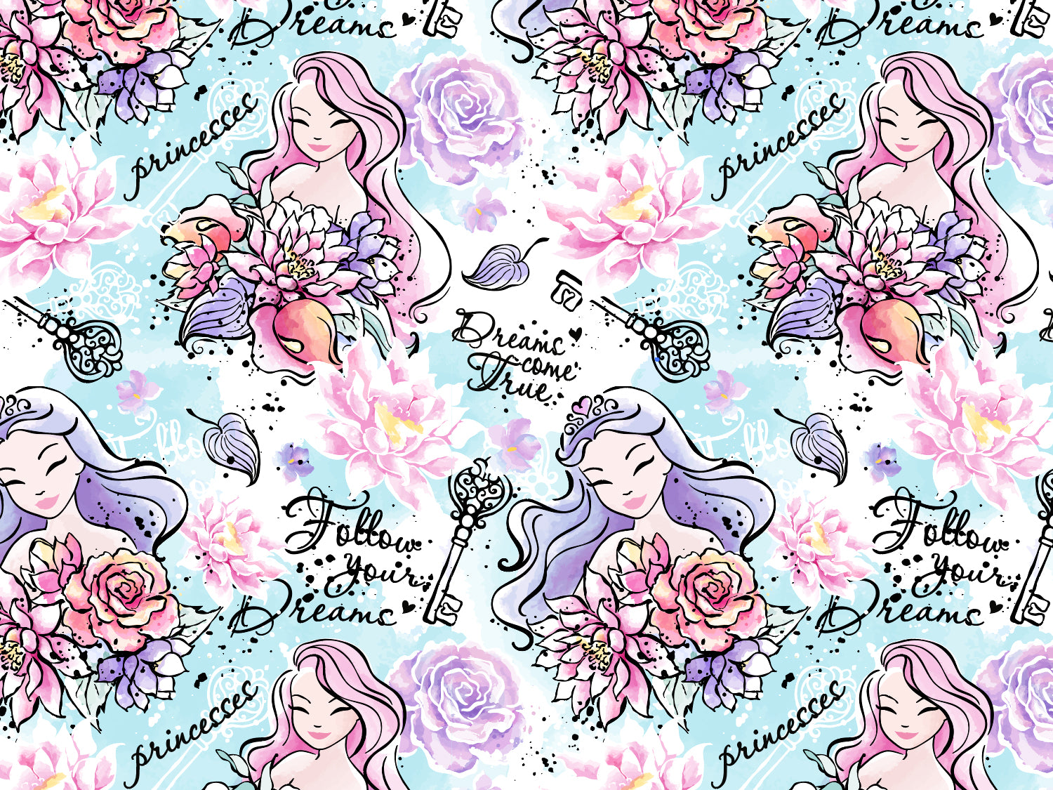 Jersey Stoff - Follow your Dreams - Prinzessin, helltürkis mit Blumen und Prinzessinnen-Motiven