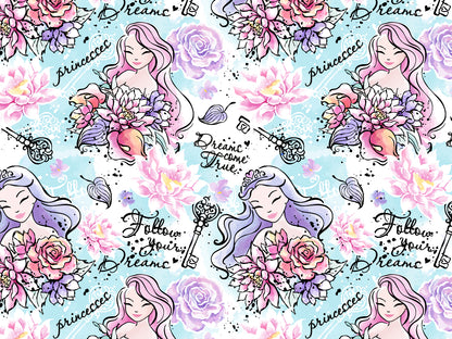 Jersey Stoff - Follow your Dreams - Prinzessin, helltürkis mit Blumen und Prinzessinnen-Motiven