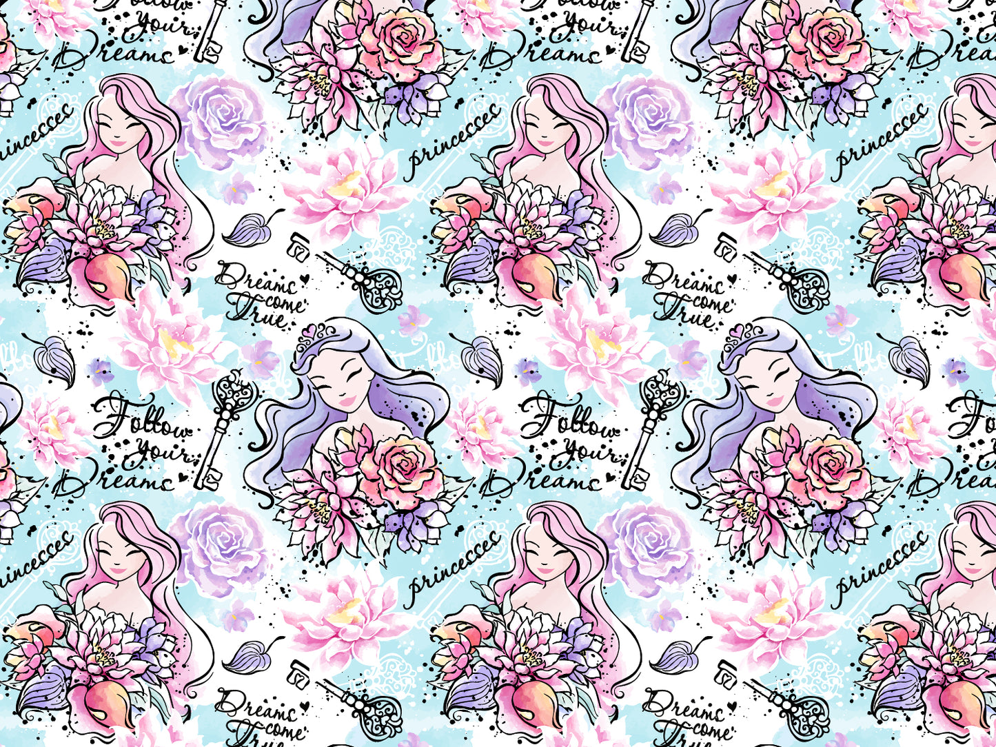 Jersey Stoff - Follow your Dreams - Prinzessin, helltürkis mit bunten Blumen und Prinzessinnenmotiven auf hellem Hintergrund.