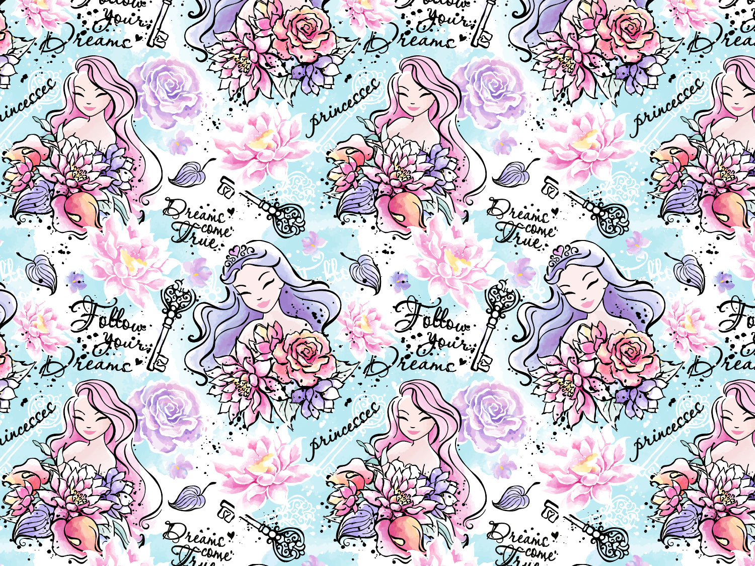 Jersey Stoff - Follow your Dreams - Prinzessin, helltürkis mit bunten Blumen und Prinzessinnenmotiven auf hellem Hintergrund.