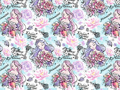 Jersey Stoff - Follow your Dreams - Prinzessin, helltürkis mit bunten Blumen und Prinzessinnenmotiven auf hellem Hintergrund.